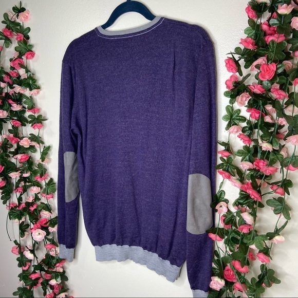 🌹Louis Feraud Paris Purple V-Neck Wool Men Sweater M Colorblock Elbow Patch - Picture 7 of 7